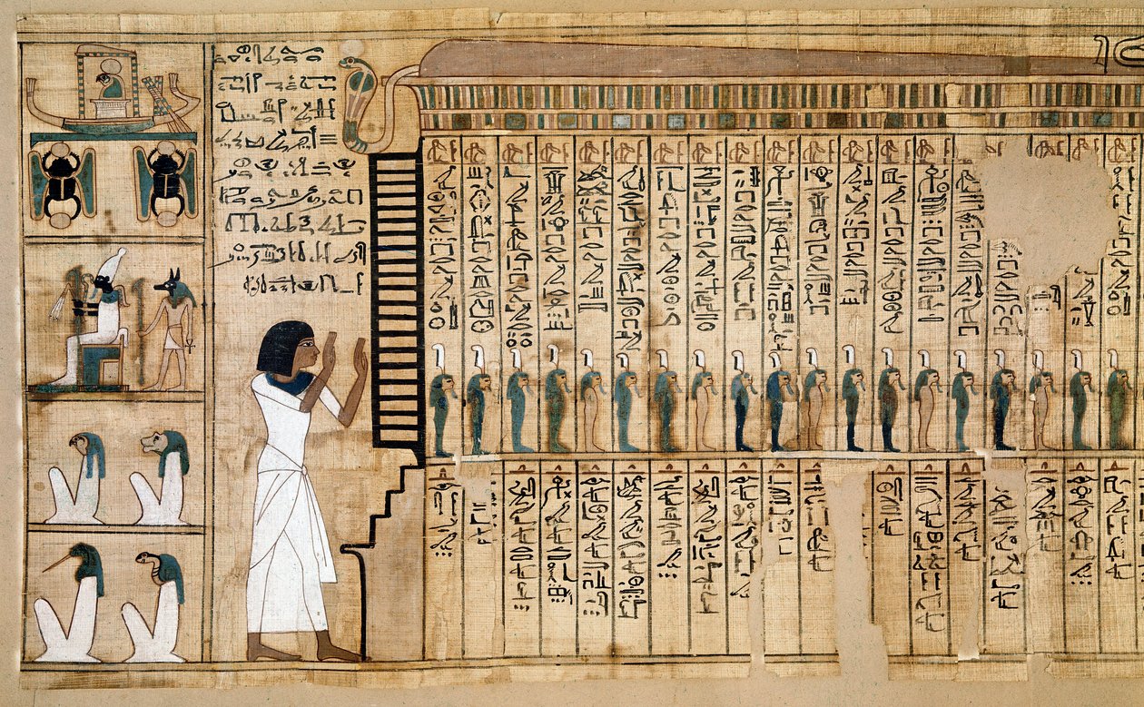 Egyptisk antikvitet: fragment af de dødes bog, papyrus fra Nebqed. Detalje, der repræsenterer den afdødes ankomst i det efterfølgende. 18. dynasti. 1400-1350 f.Kr. Paris, Musee du Louvre - Det gamle Egypten: fragment af de dødes bog, Papyrus af Ne af School Egyptian