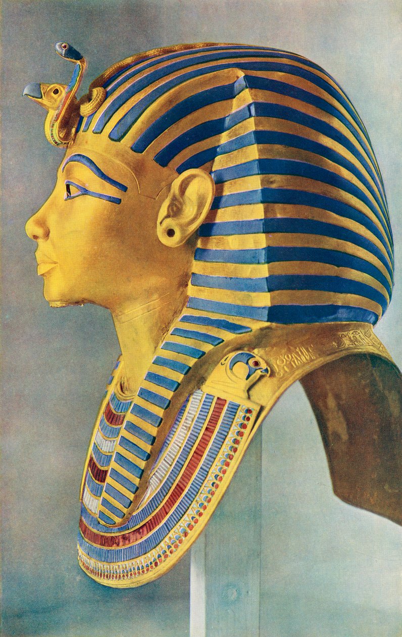 Tutankhamon. Den solide guld portrætmaske, som dækkede hovedet på den unge faraos mumie. Egyptisk farao fra det 18. dynasti, regerede ca. 1332 f.Kr. 1323 f.Kr. Fra The Illustrated London News, Silver Jubilee Record Number af School Egyptian