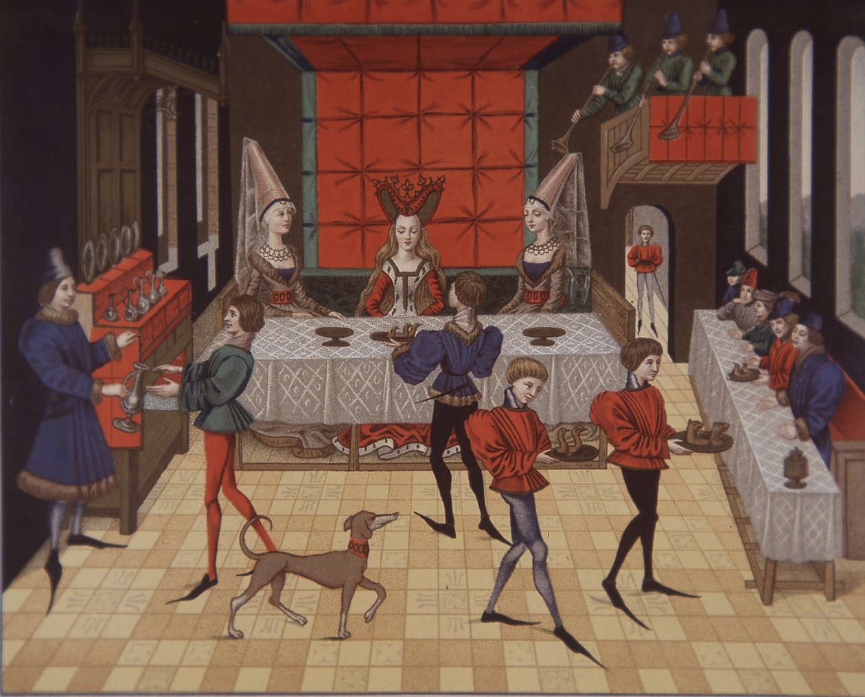 15. århundrede middelalderlige aristokratiske damer serveret middag (farve litho) af School English
