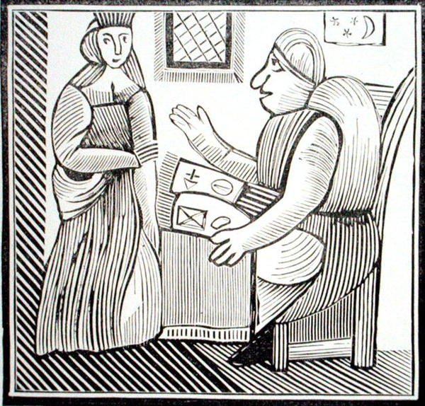 En kvinde søger vejledning hos spåmanden, kopi af en illustration fra 
