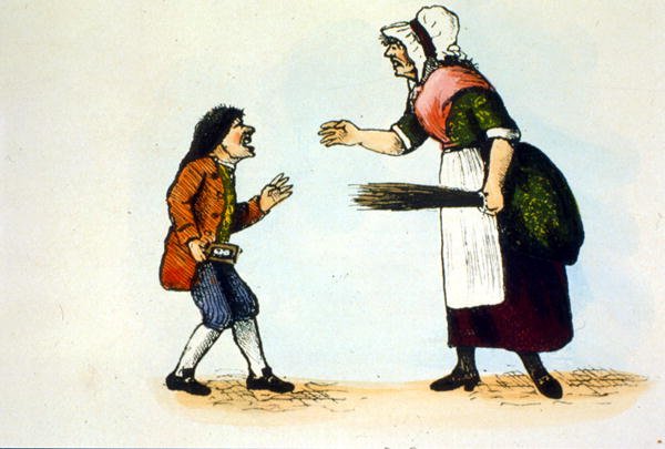 Et barn bliver tugtet på en Dames skole, illustration fra en historie om hornbogen (farve litho) af School English