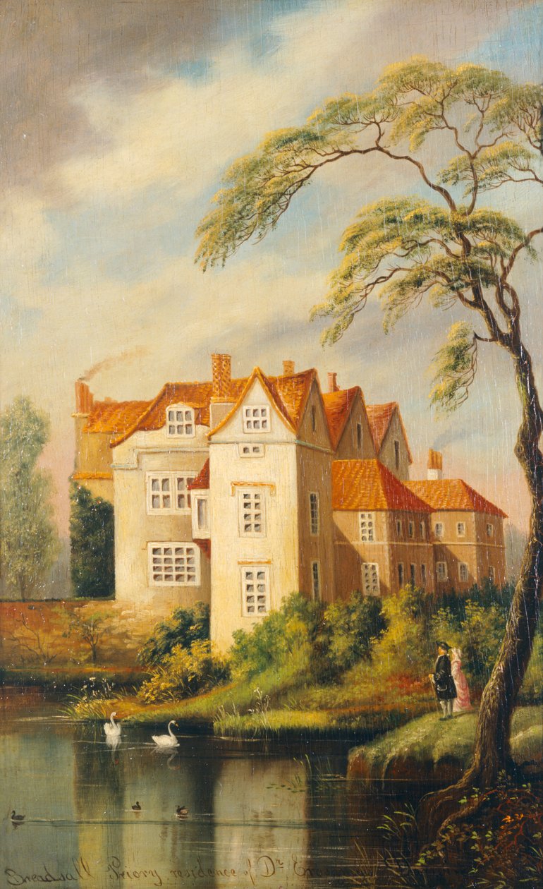 Breadsall Priory, residens for Dr. Erasmus Darwin (olie på panel) af School English