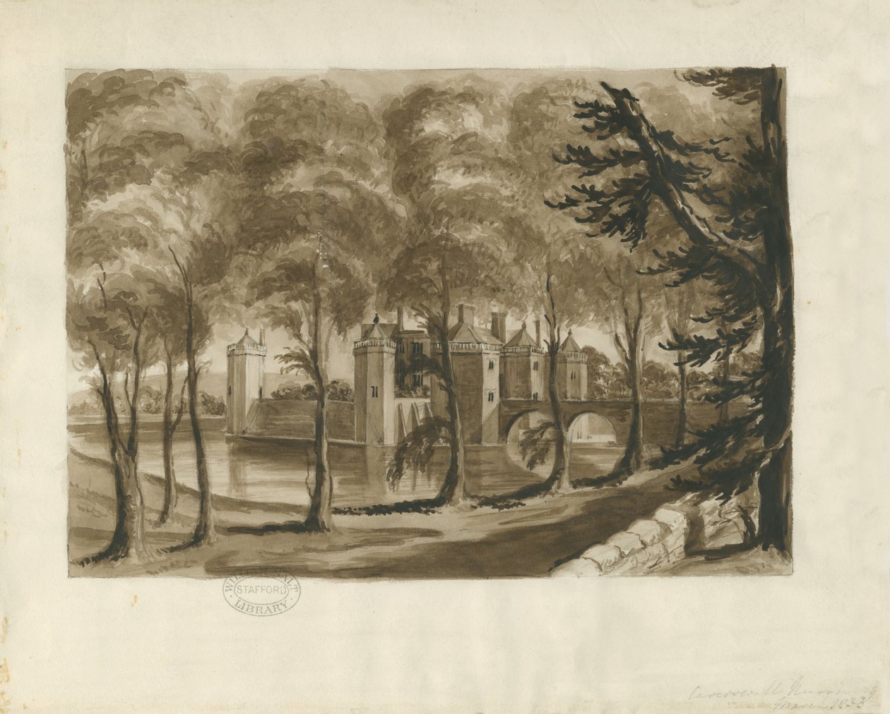 Caverswall Castle: sepia tegning af School English