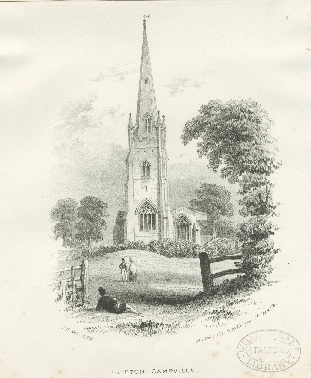 Clifton Campville Church: litografi (vignetteret) af School English