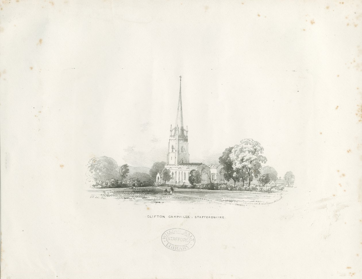 Clifton Campville Church: litografi af School English