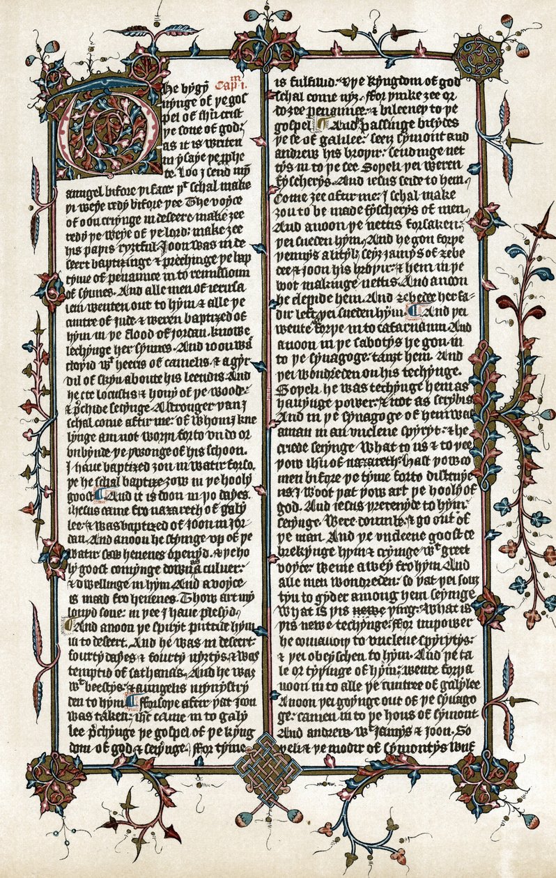 Kopi af en side fra Markusevangeliet, Wycliffes oversættelse af Bibelen til engelsk i ca. 1400 (print) af School English