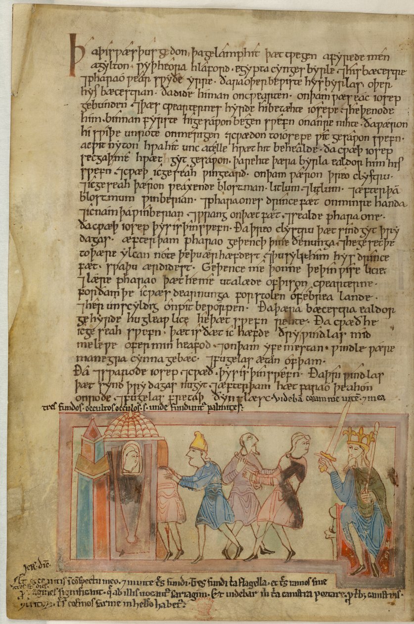 Cotton Claudius B. IV, f.58v En scene, der viser angelsaksisk retfærdighed, illustration fra (vellum) af School English