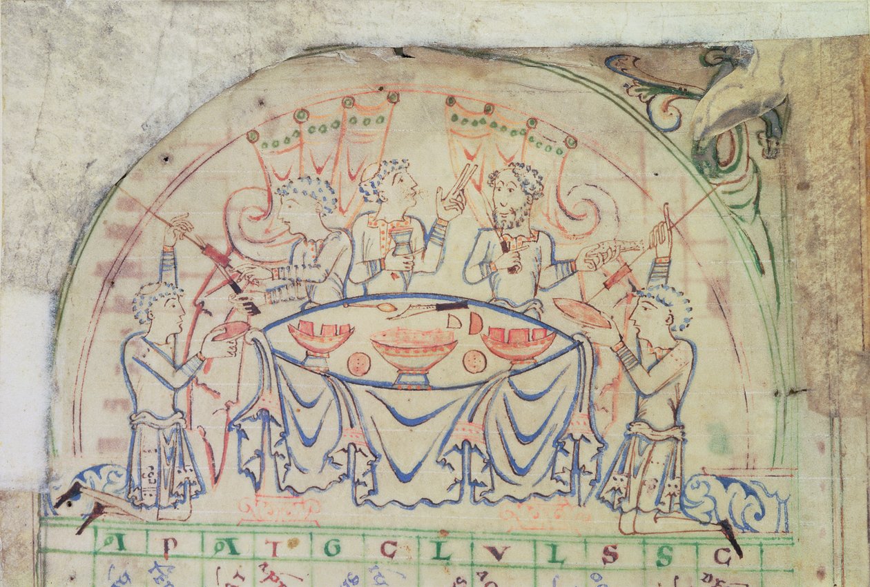 Bomuld MS Tiberius C VI f.5v Festscene fra en kalender, 3. kvartal af det 11. århundrede-2. halvdel af det 12. århundrede (pergament) af School English