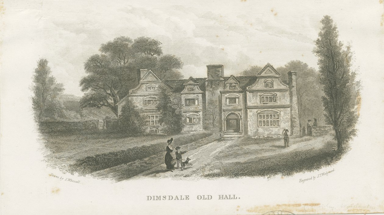 Dimsdale Old Hall: gravering (vignet og [? 1800-tallet] (tryk) af School English