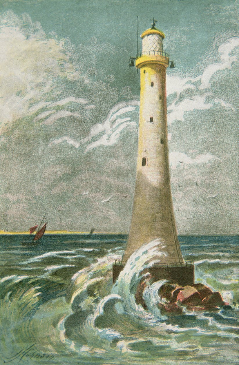 Eddystone Lighthouse ud for Plymouth (farve litho) af School English