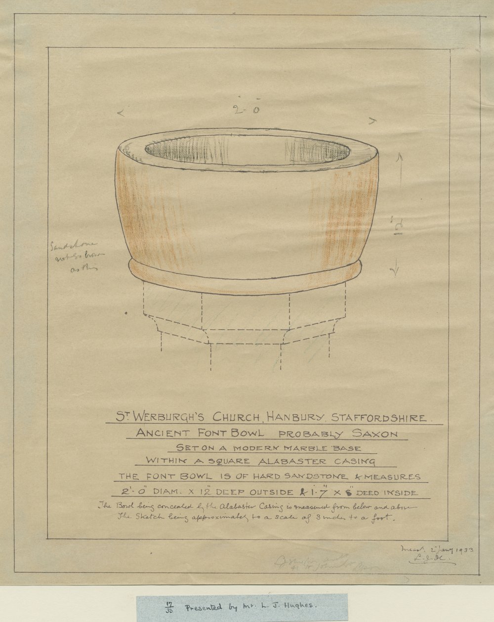 Hanbury Church - Ancient Font Bowl: tracing, nd [1933] (tegning) af School English