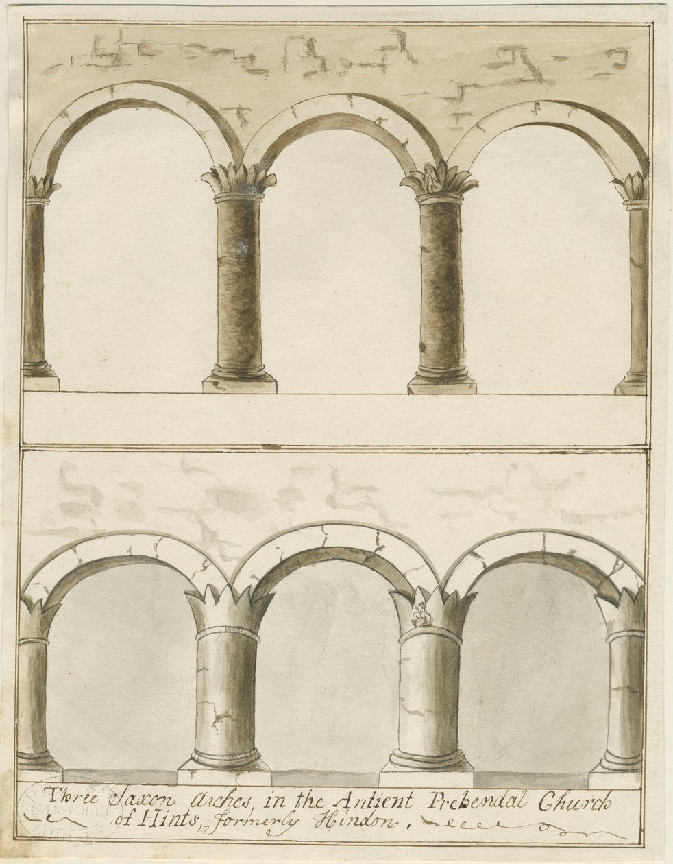 Interiør af Hints Church: pen og vask tegning, nd [c 1750] (tegning) af School English
