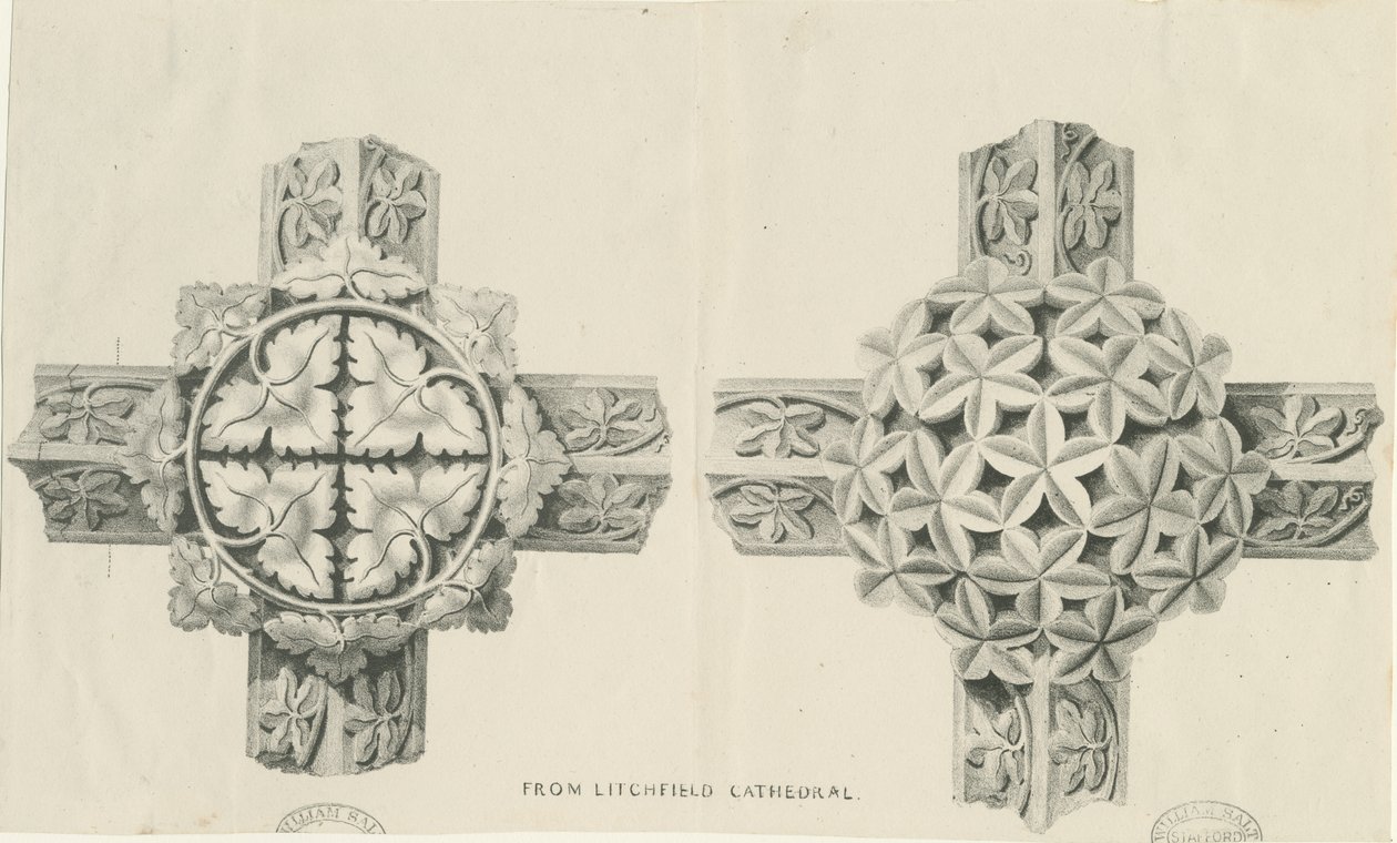 Interiør af Lichfield Cathedral - Udskåret løv: litografi og [? 1800-tallet] (tryk) af School English