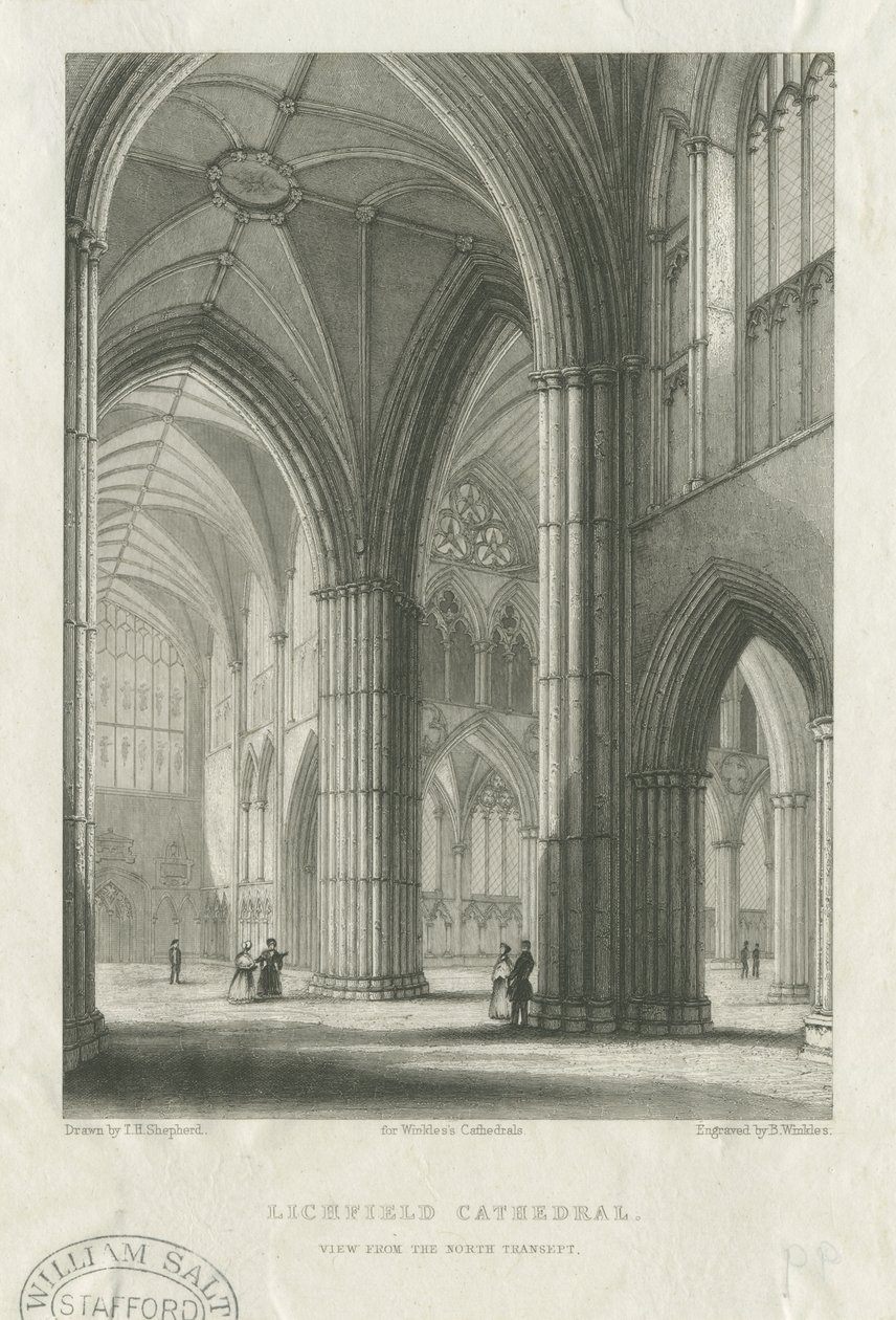 Interiør af Lichfield Cathedral - Krydsning fra det nordlige tværskib: gravering, nd [midten af det 19. århundrede] (tryk) af School English