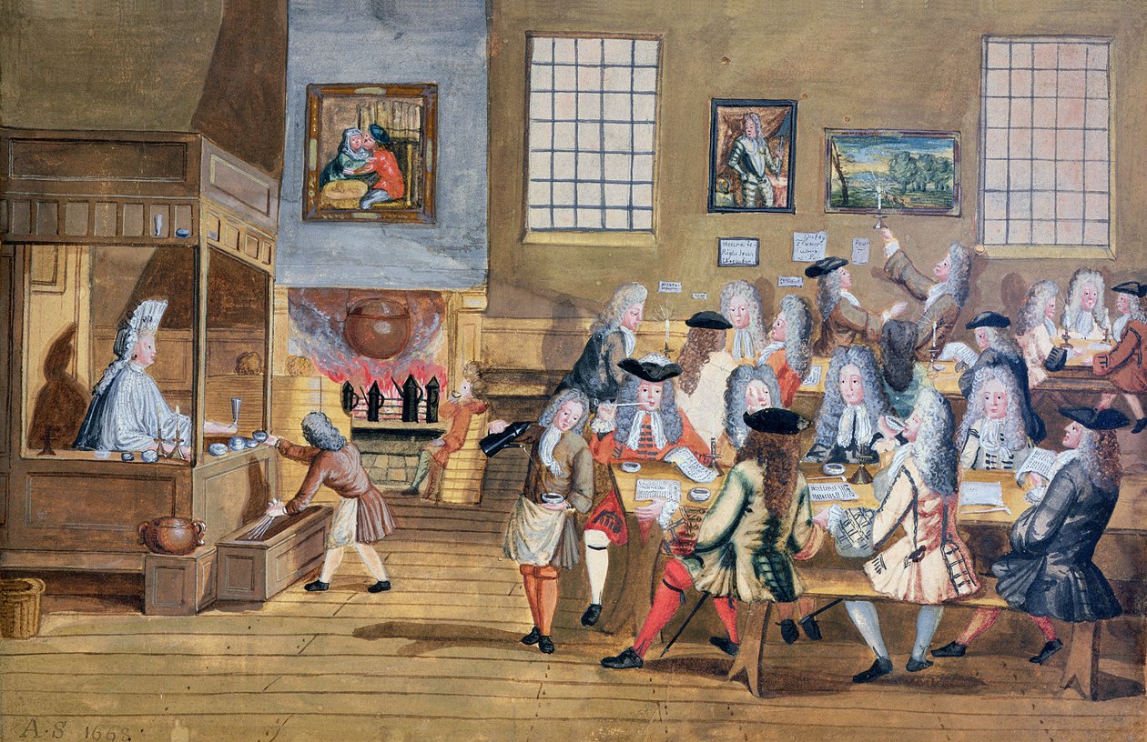 Interiør af et kaffehus i London, ca. 1650-1750 (akvarel på papir) af School English