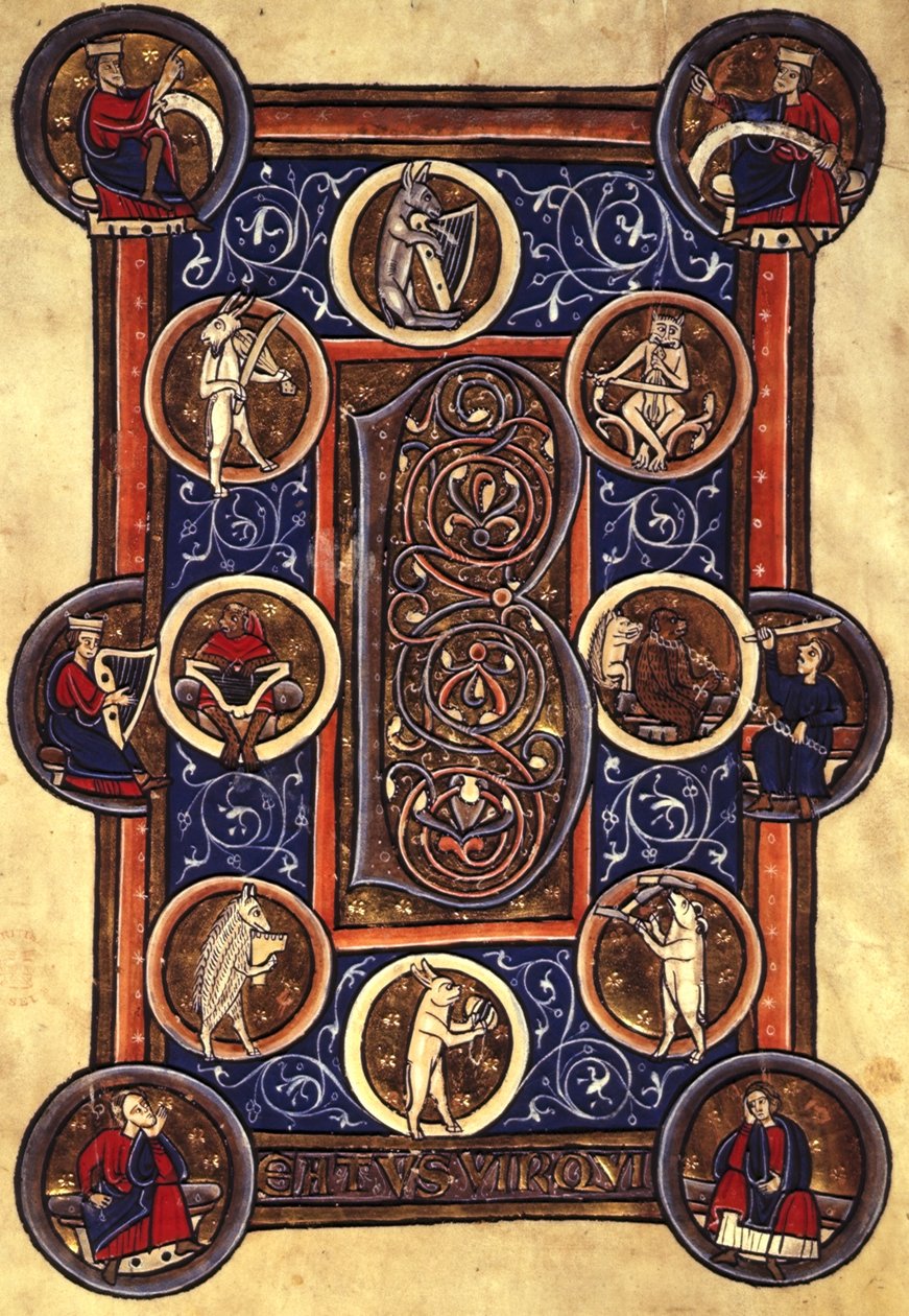 Lansdowne 420 fol.12v Salme I med beboet initial 