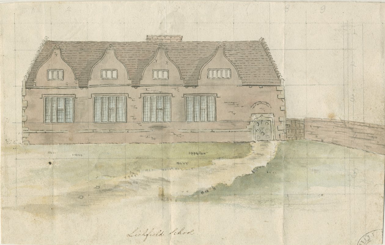 Lichfield - Grammar School: akvarelmaleri, og [slut 1700-tallet] (maleri) af School English