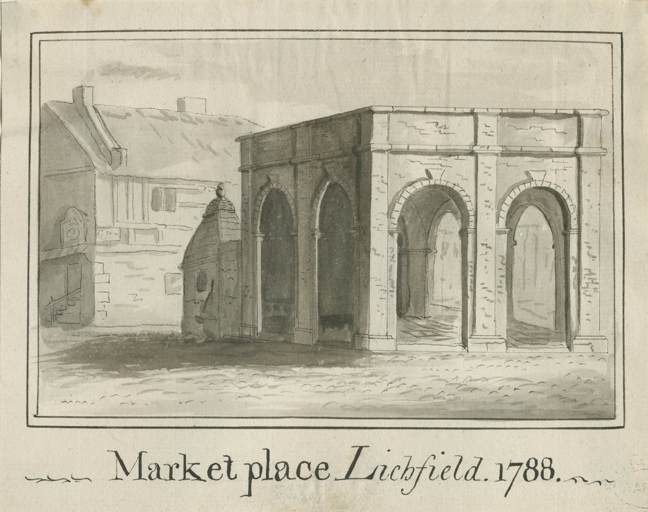 Lichfield - Market Place: sepia vask tegning af School English