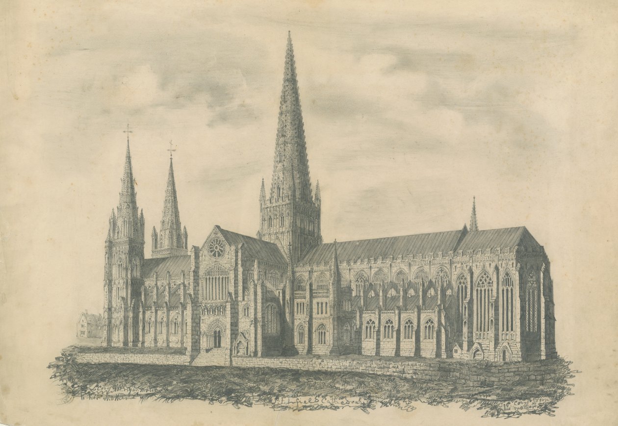 Lichfield Cathedral - South East View: gravering og [?19. århundrede] (tryk) af School English
