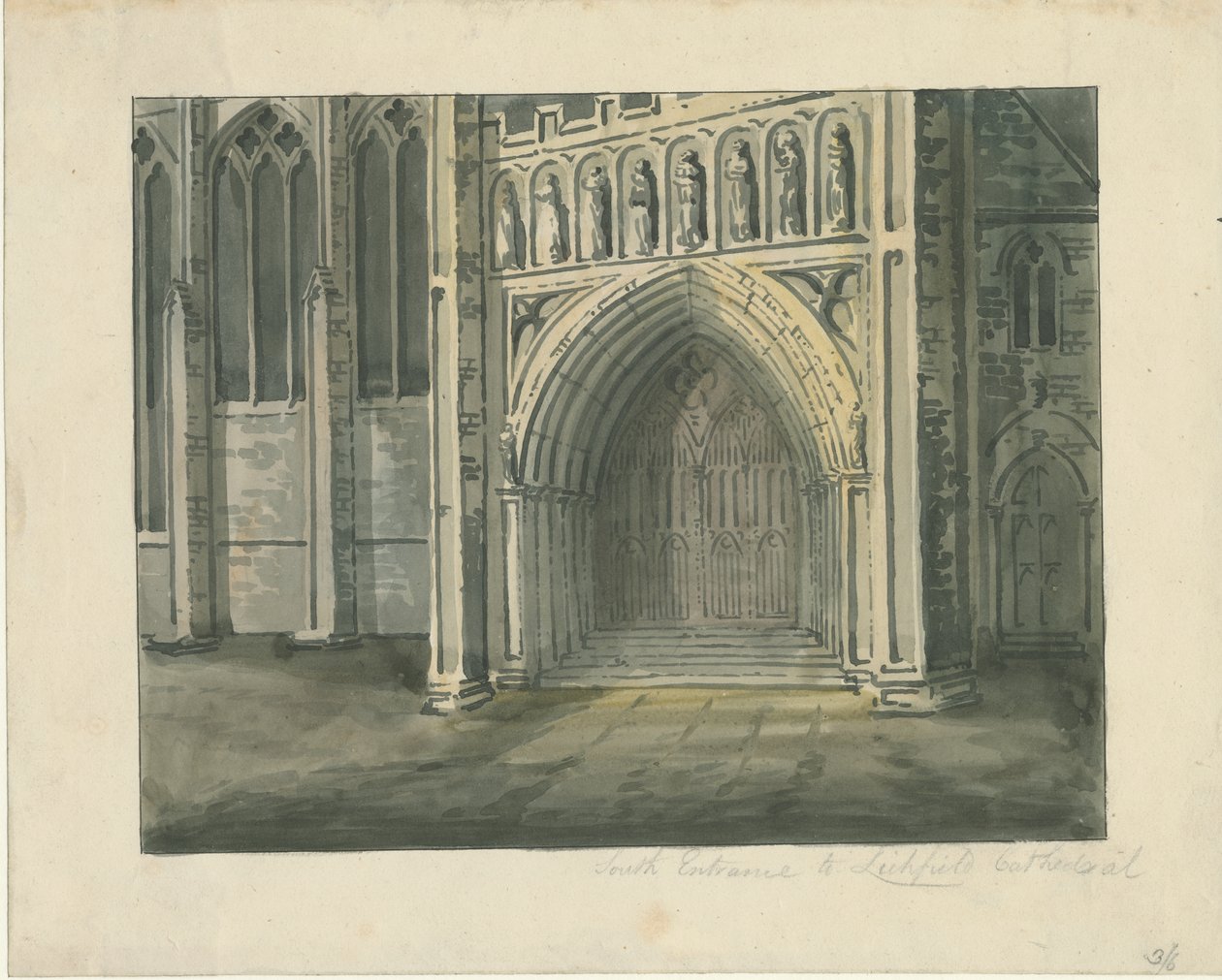 Lichfield Cathedral - South Transept: akvarelmaleri, nd [?19. århundrede] (maleri) af School English