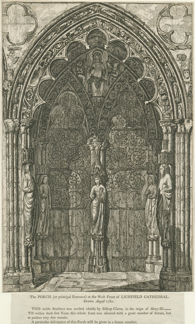 Lichfield Cathedral - West Doorway: radering, august 1782 (tryk) af School English
