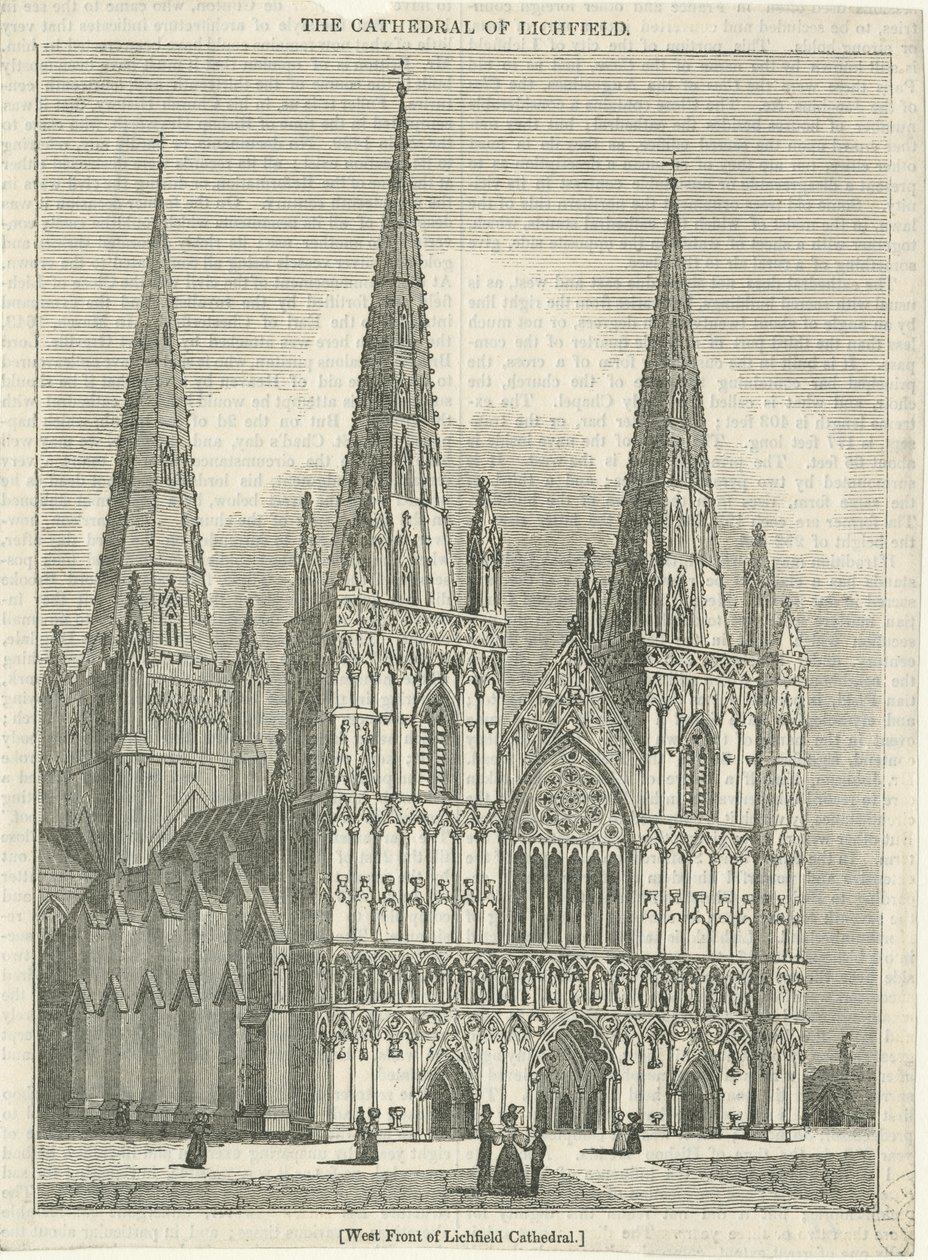 Lichfield Cathedral - Vestfronten: træsnitsgravering og [?1800-tallet] (tryk) af School English