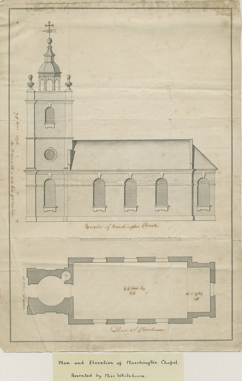 Marchington Church - Udvendig elevation og indvendig plan: pentegning, nd [midten af det 18. århundrede] (tegning) af School English