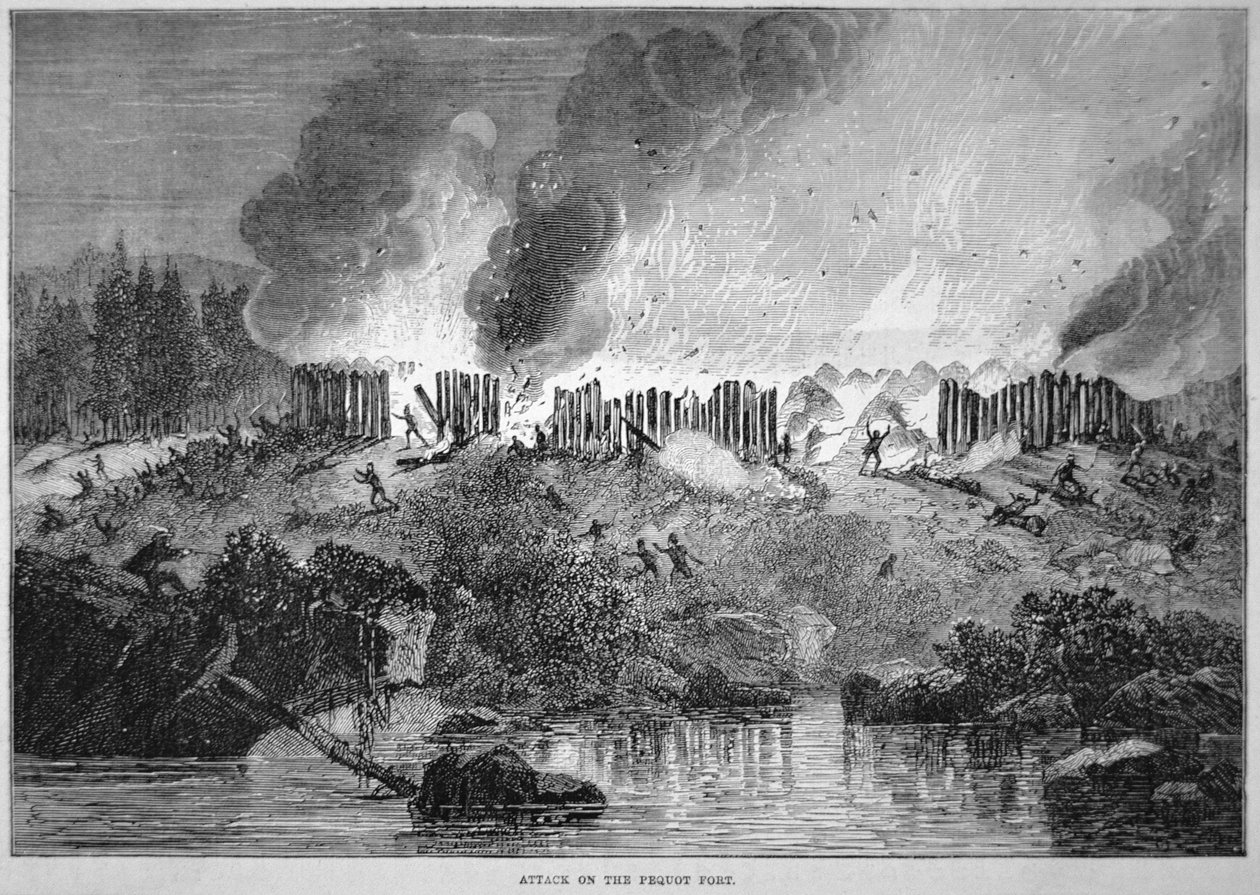New England hvide bosættere angriber Pequot indiske fort under Pequot-krigen i 1637 (gravering) af School English