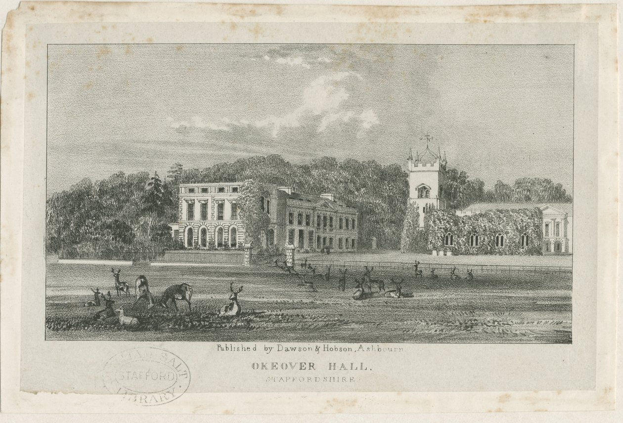Okeover Hall - litografi, nd [c 1839] (tryk) af School English