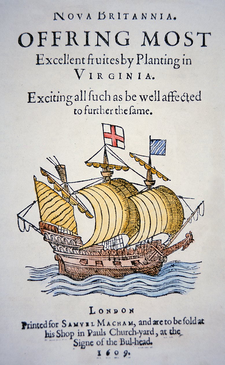 Pjece, der opfordrer kolonister til at tage til Virginia i Amerika, udgivet i 1609 (farve litho) af School English