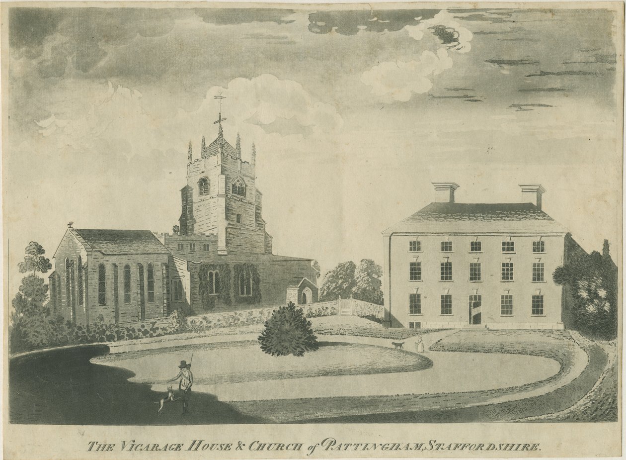 Pattingham Church and Vicarage House: akvatintegravering, nd [? slutningen af det 18. århundrede] (tryk) af School English