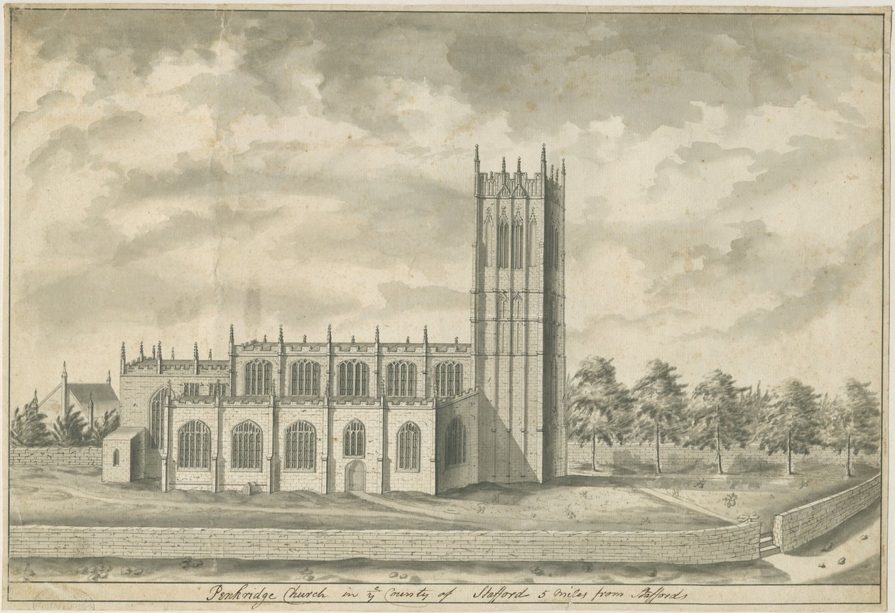 Penkridge Church: pen og vask tegning, nd [slutningen af det 18. århundrede] (tegning) af School English