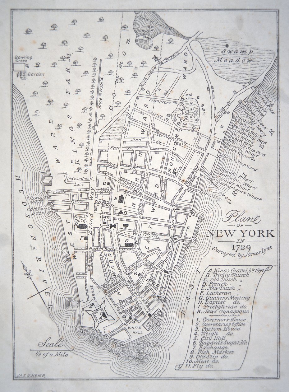 Plan over New York i 1729 (litho) af School English