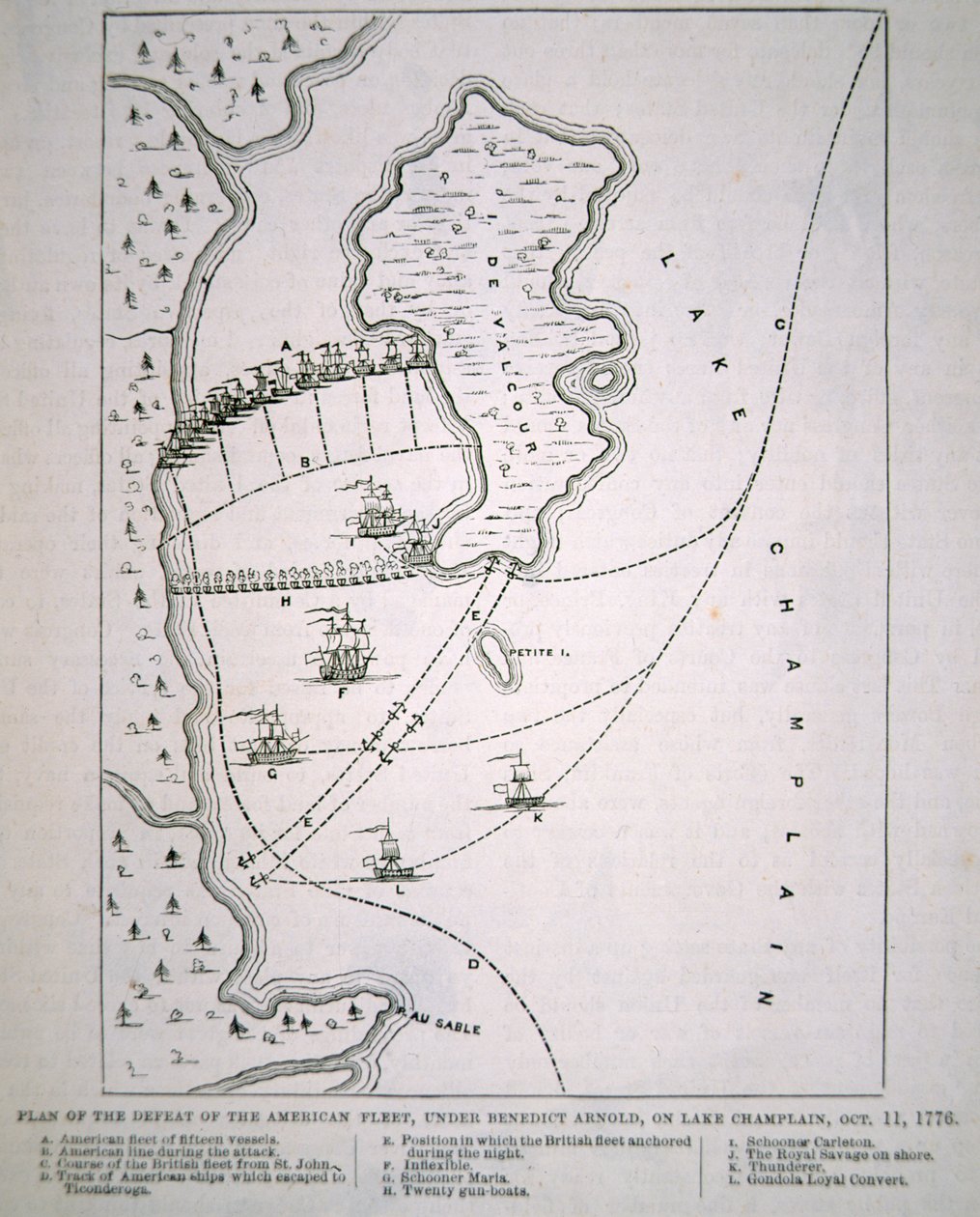 Plan for nederlaget for den amerikanske flåde ved Champlain-søen (litho) af School English