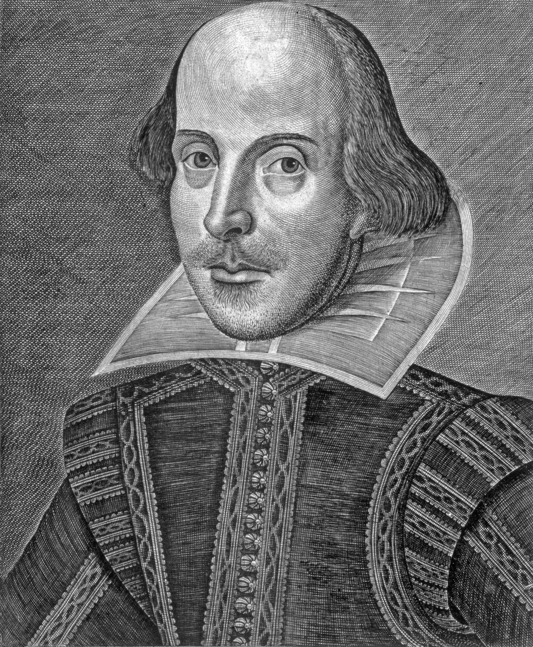 Portræt af William Shakespeare, indgraveret af Martin Droeshout (c.1560-c.1642) af School English
