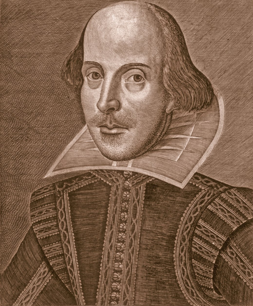 Portræt af William Shakespeare, indgraveret af Martin Droeshout (c.1560-c.1642) af School English