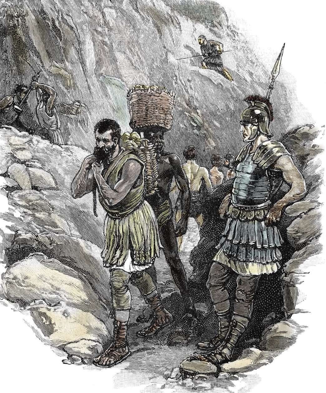 Romersk legionær overvåger angelsaksiske arbejdere i en tinmine, England 50 e.v.t. (print) af School English
