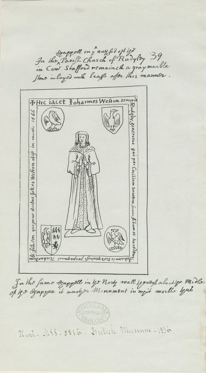Rugeley Church (gamle) - Monument til John Weston: pen- og blæktegning af School English