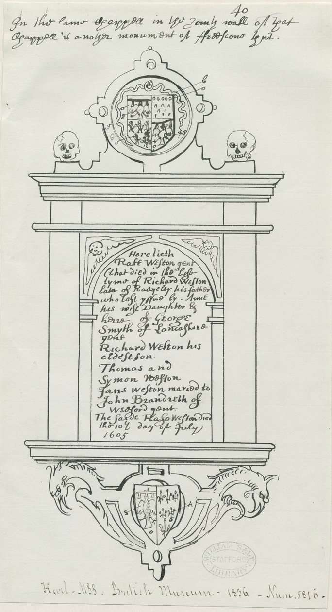 Rugeley Church (gammel) - Monument til Rafe Weston: pen- og blæktegning af School English