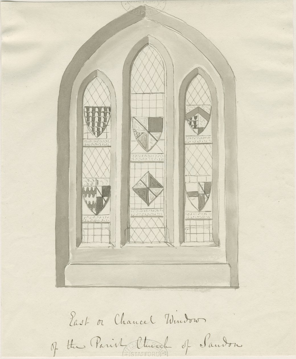 Sandon Church - East window of Chancel: sepia vask tegning, nd [?18th cent] (tegning) af School English