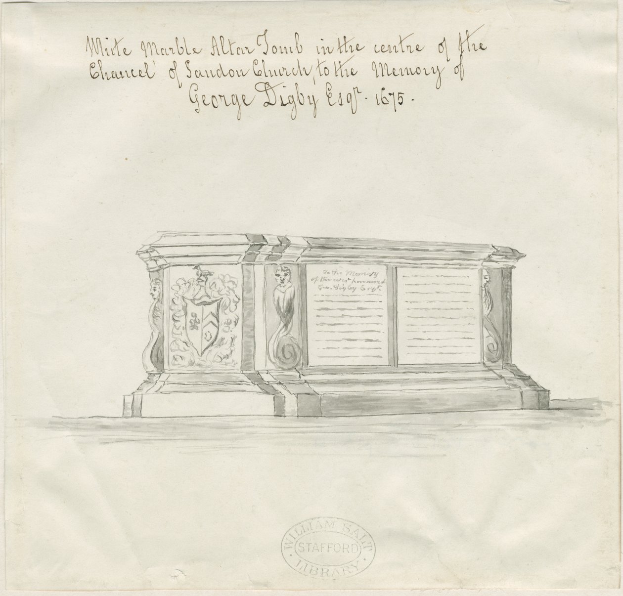 Sandon Church - Tomb of George Digby: Sepia Wash Tegning, ND [? 18. cent] (tegning) af School English