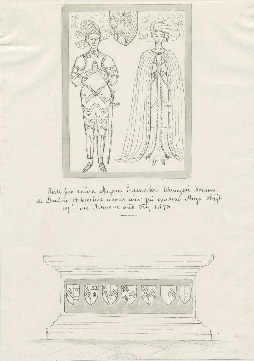 Sandon Church - Tomb of Hugh Erdeswicke og Cecilia [Bassett]: pen- og blæktegning, nd [?18. århundrede] (tegning) af School English