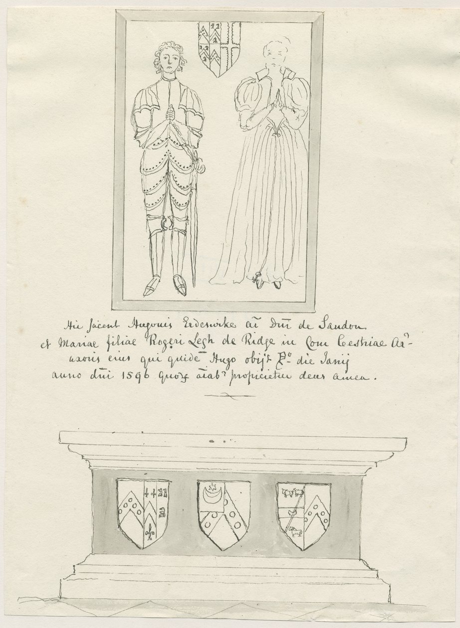 Sandon Church - Tomb of Hugh Erdeswicke og Mary [Legh]: pen og vask tegning, nd [?18th cent] (tegning) af School English