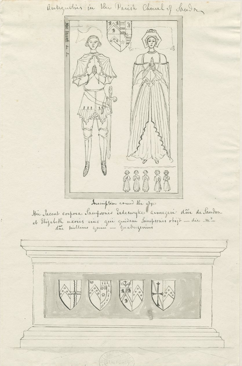 Sandon Church - Tomb of Sampson Erdeswicke og Elizabeth [Grå]: pen- og blæktegning, nd [?18. årh.] (tegning) af School English
