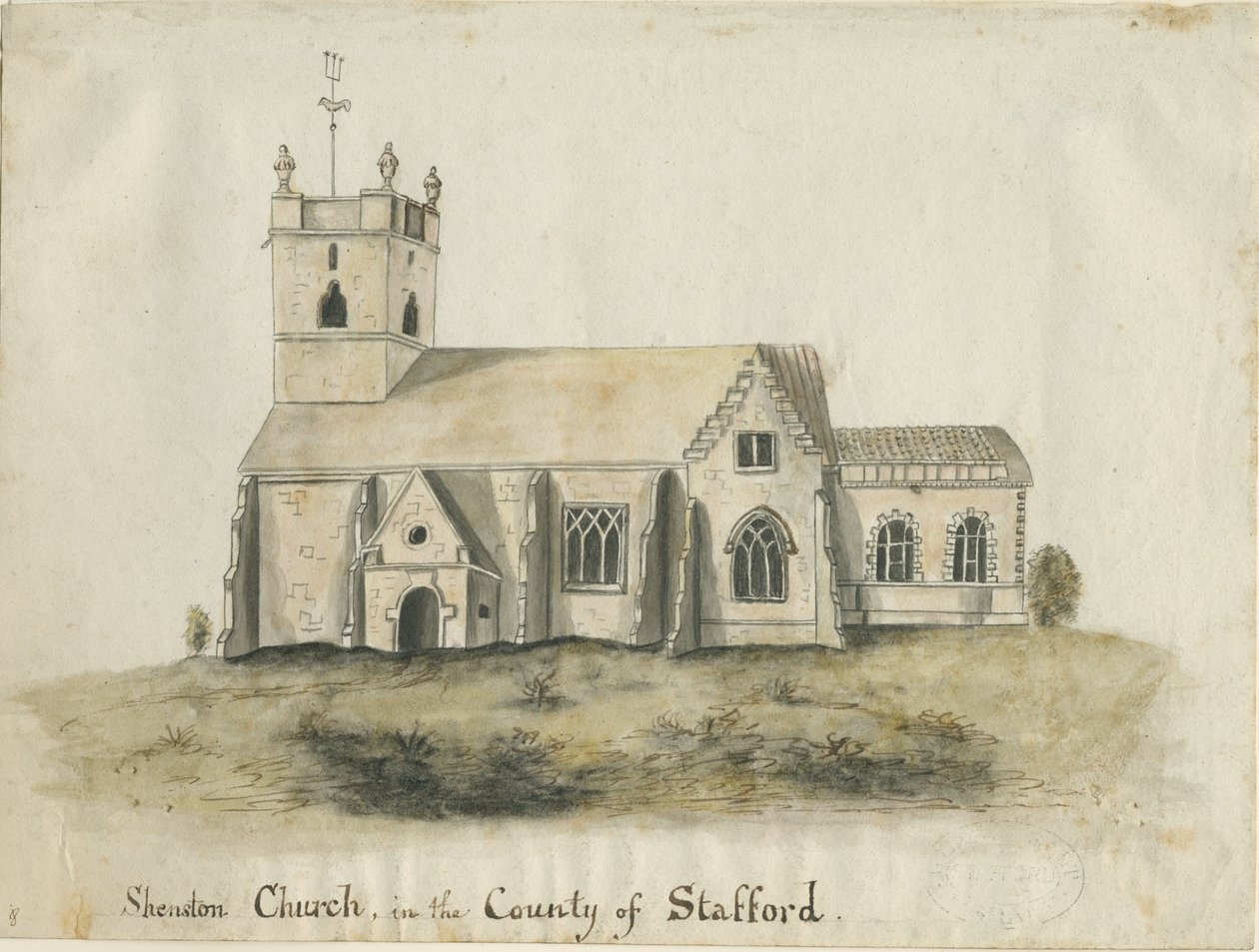 Shenstone Church: vandfarvemaleri, nd [1769] (maleri) af School English