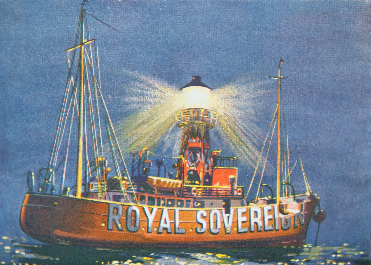The Royal Sovereign Lightship, stationeret ud for Beachy Head, Storbritannien (farve litho) af School English