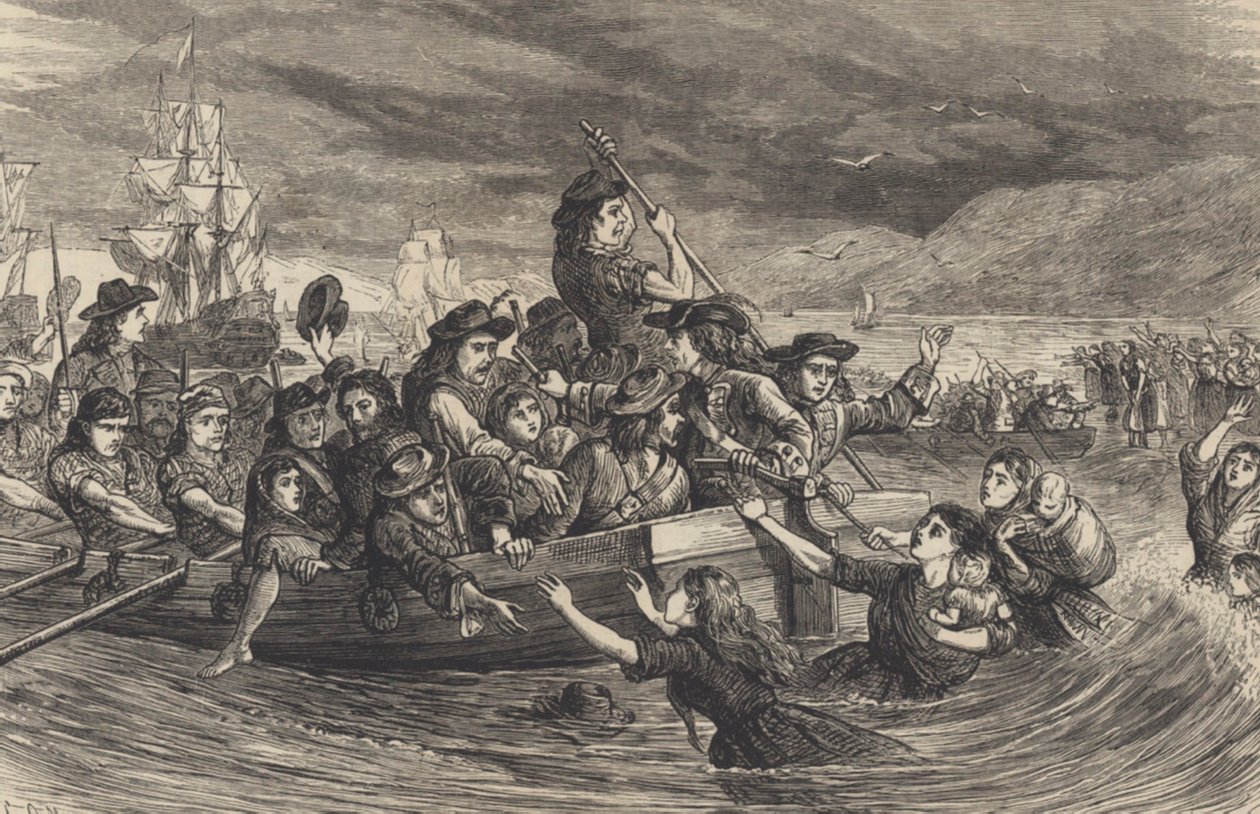 De vilde gæs – jakobitiske irske soldater forlader Limerick til Frankrig i 1691 (gravering) af School English