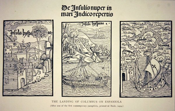 Columbus landgang på Espaniola efter en samtidig pjece udgivet i Basel i 1494 (litho) af School English