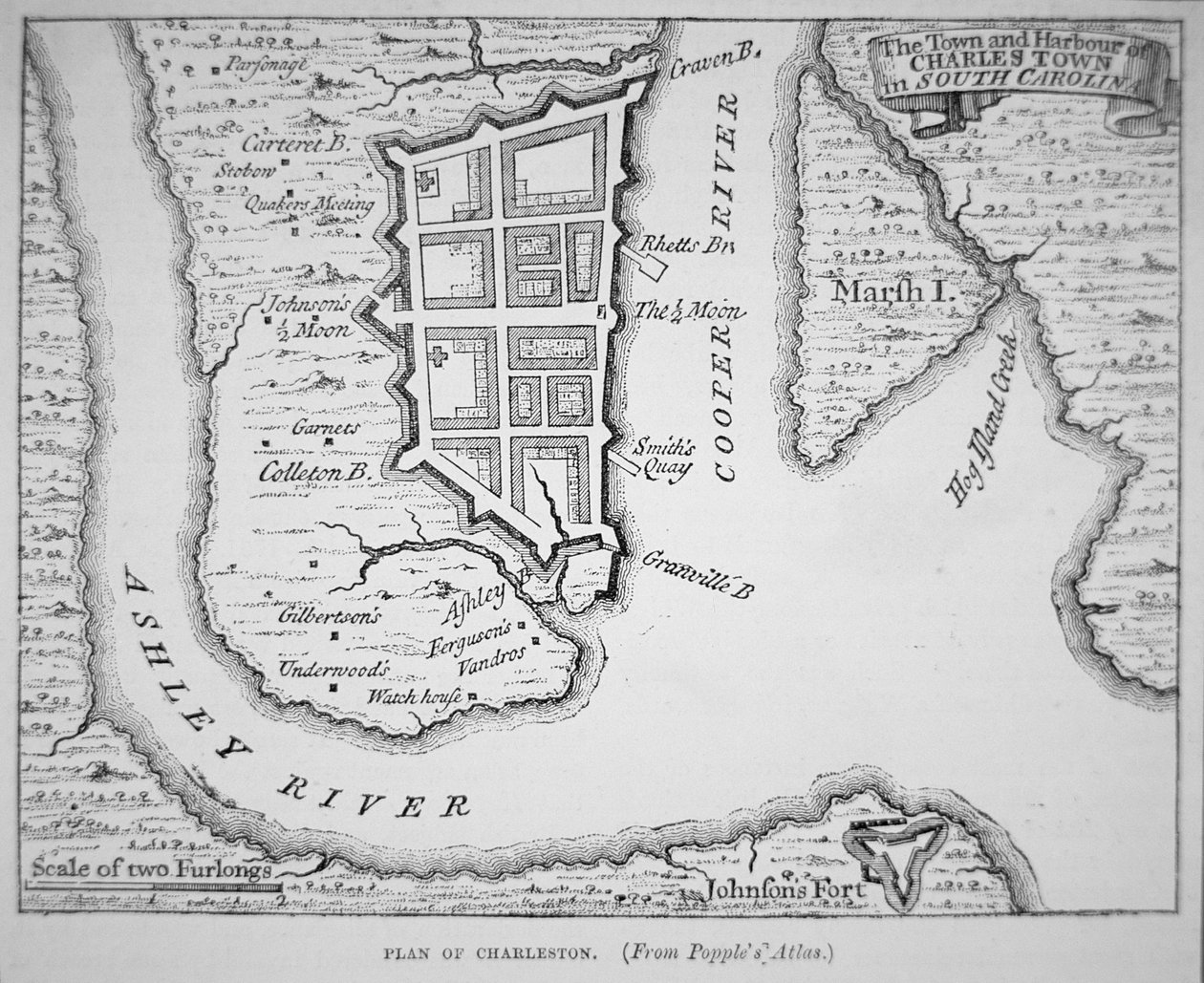 Byen og havnen i Charles Town (Charleston), South Carolina (litografi) af School English