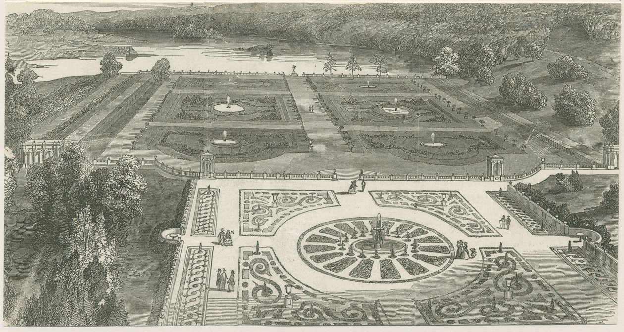 Trentham Gardens: træsnitsgravering og [?1800-tallet] (tryk) af School English